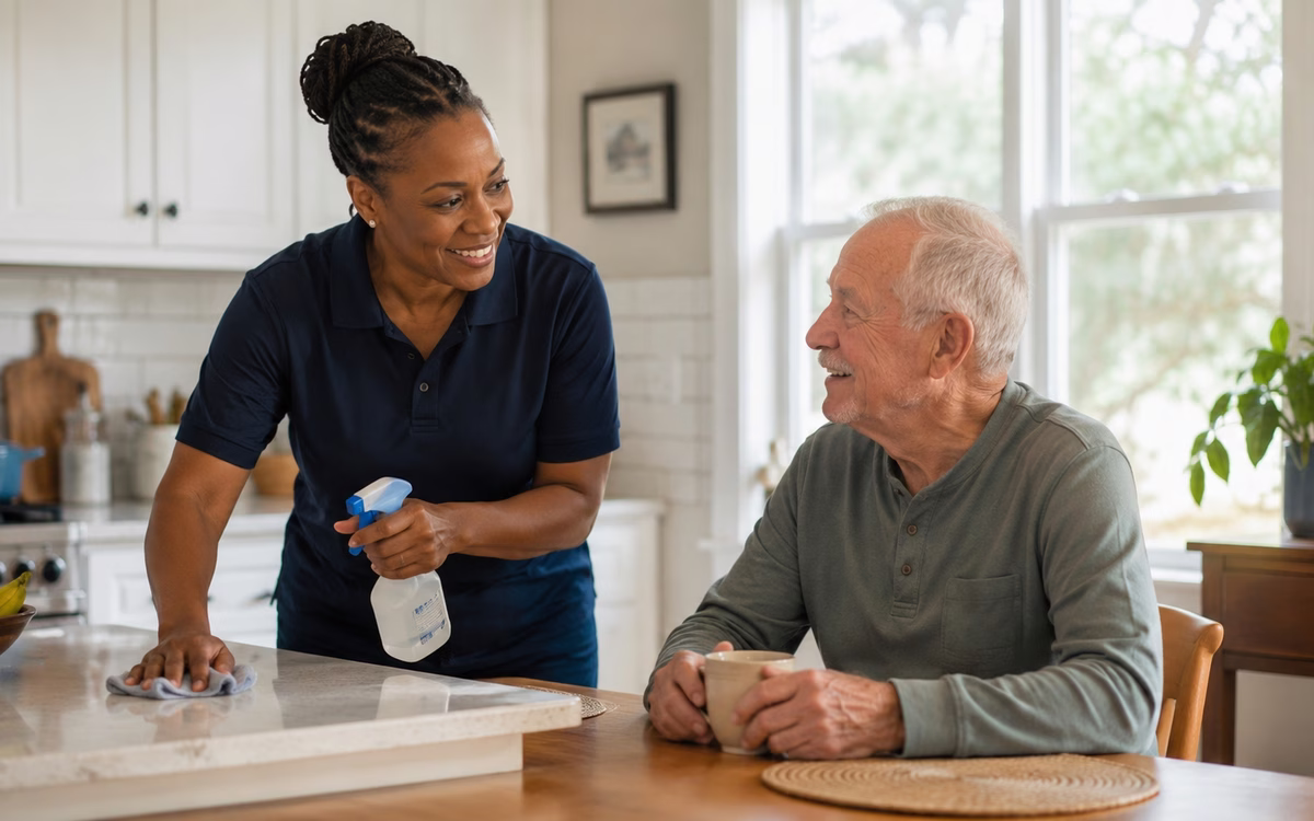 A Dendera Care carer wiping down a kitchen counter while chatting with an older man having coffee